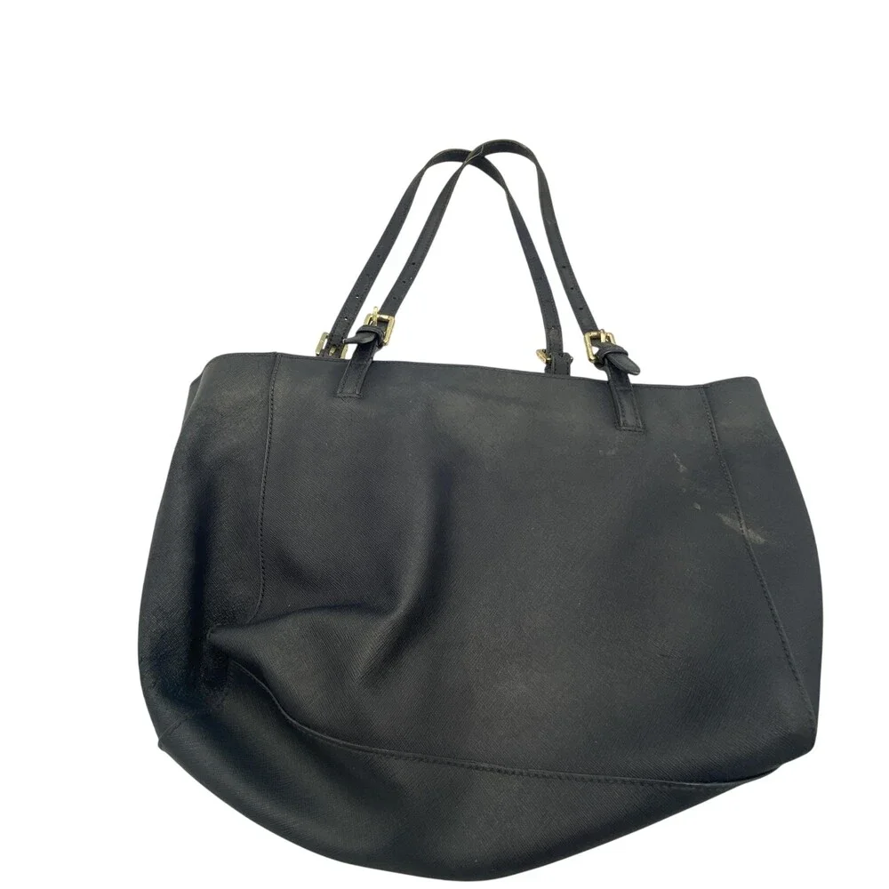 Tory Burch Tote Bag Womens Large Black Leather Shoulder Purse Blue Lining